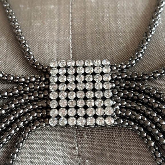 Dark Silver Tone Mesh Layered Swag Chest Chain Statement‎ Necklace with Crystal - Picture 5 of 10